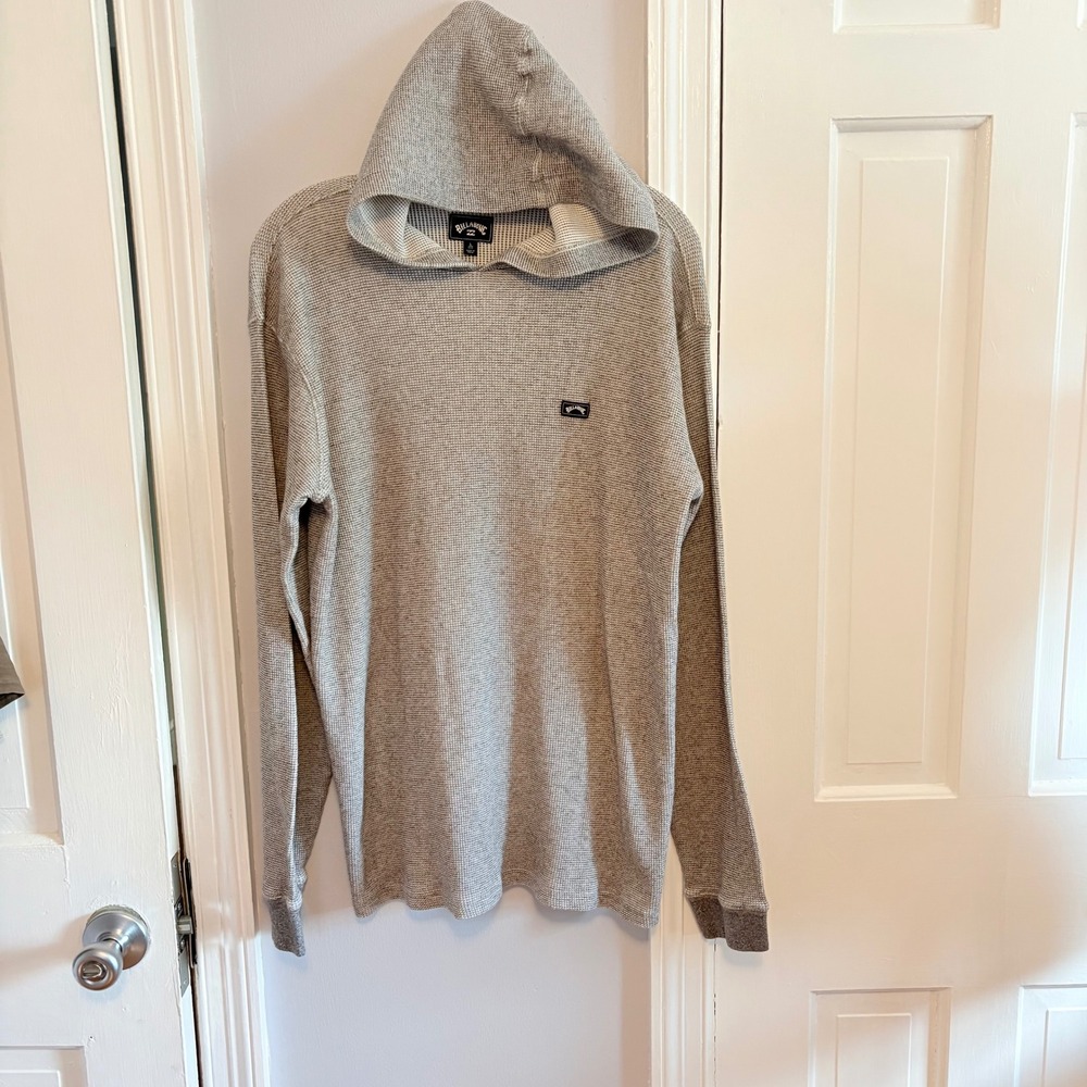Billabong Mens L Hoodie Gray Waffle Knit Thermal Pullover Logo Patch